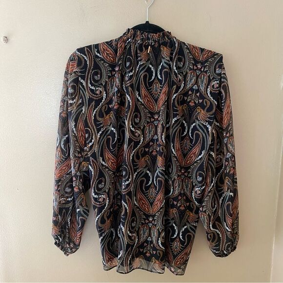 Misa Los Angeles Helena print Black Brown Puff sheer peasant Blouse NWT XXS - Picture 10 of 11